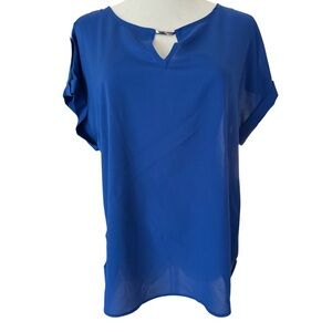 Calvin Klein Royal Blue Blouse M NWT Button Tab Sleeve Keyhole Back